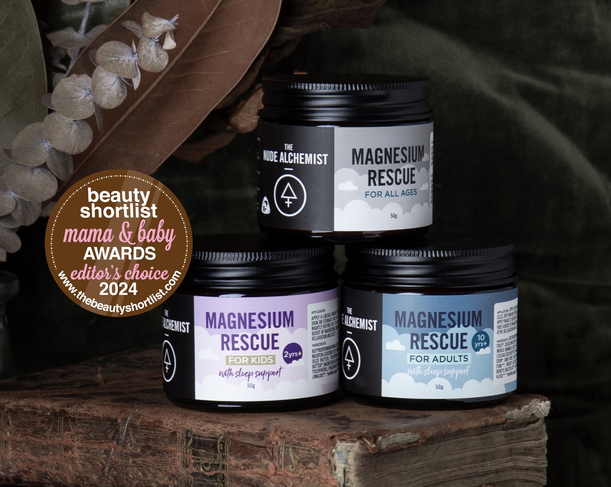 Three Magnesium Rescue body butter formulations and winner of the editor's choice award at the Mama and baby awards