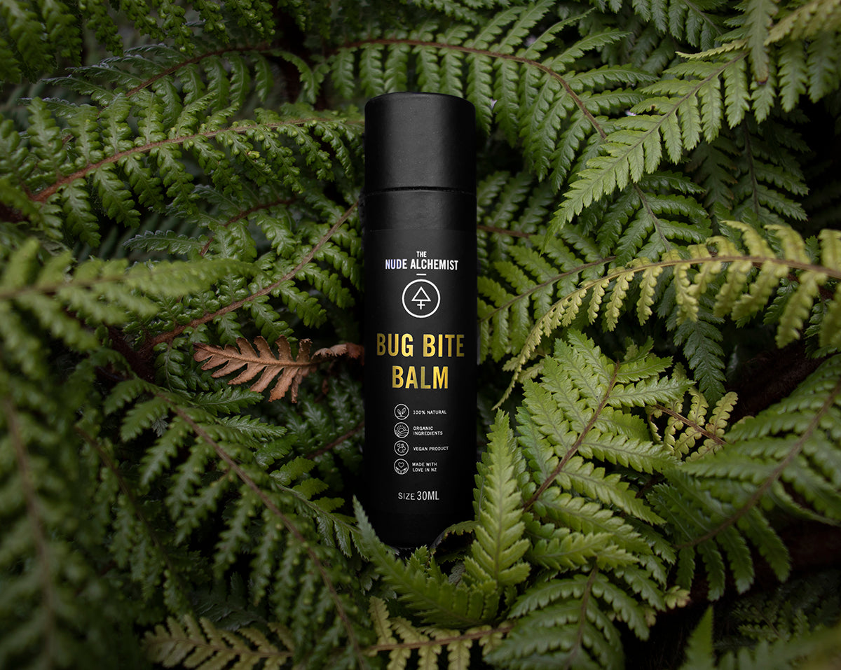 Natural Bug Bite Balm in ferns